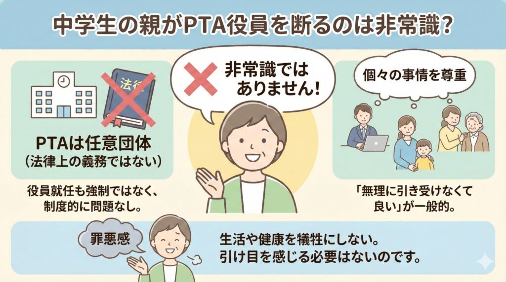 中学生の親がPTA役員を断るのは非常識？